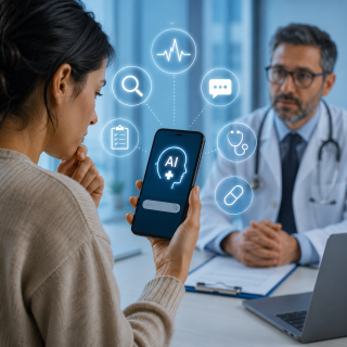 Donna consulta un’app di intelligenza artificiale per sintomi medici davanti a un medico in ambulatorio.