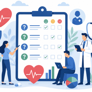 llustrazione di un questionario sulla salute con medico, cittadini e simboli sanitari che rappresentano un sondaggio sulla spesa sanitaria e l'accesso alle cure.