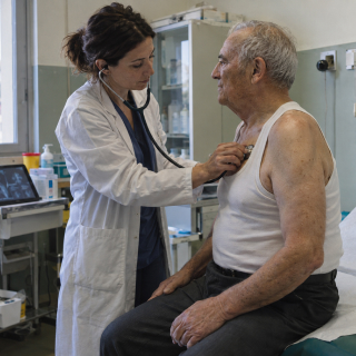 Dottoressa ausculta un paziente anziano mentre un dispositivo mostra immagini diagnostiche.