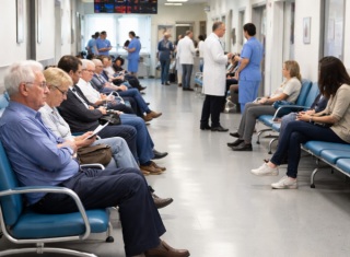 Pazienti seduti in una sala d’attesa ospedaliera affollata mentre personale sanitario assiste i pazienti nel corridoio.
